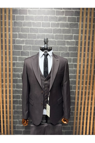 Dupont Classics Erkek Slim Fit 6 Drop Sivri Yaka Yelekli Filafil Çift Yırtmaç Takım Elbise Koyu Kahverengi