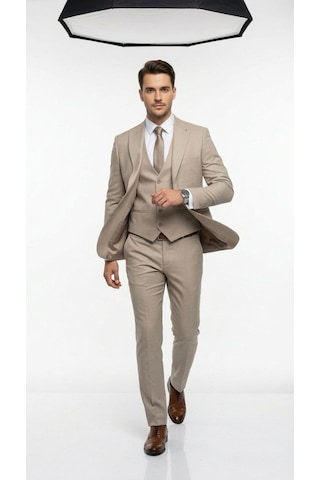 Erkek Slim Fit Takım Elbise Yelekli Modern Kesim Likralı Esnek Kumaş Kırışmaz Şık Düğün Davet Takımı Bej