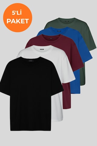 Soft&Basic Kadın 5'li Tişört Paketi %100 Organik Pamuk Oversize Fit Basic Yuvarlak Yaka T-shirt Siyah-beyaz-bordo-indigo-haki