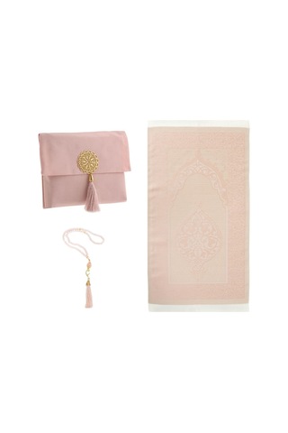 Şantuk Keseli Tafta Seccade Ve İnci Vavlı Tesbih Set , Taşınabilir Namaz Seti, Pudra