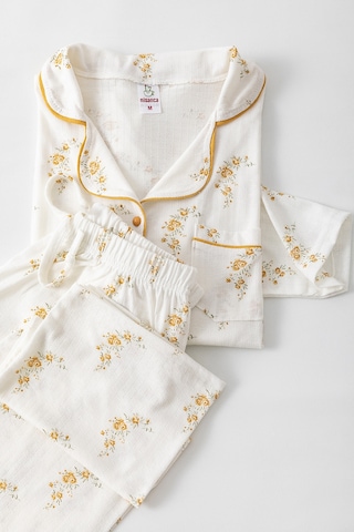 Uzun Kol Gömlek Yaka Kadın Pinterest Pijama Takımı - Mevsimlik Kadın Pijama- Geniş Beden Aralığı Hardal