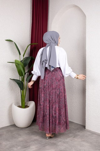 Hira Life Fashion Asimetrik Kesim Etnik Desen Astarlı Tül Tesettür Etek Bordo Bordo