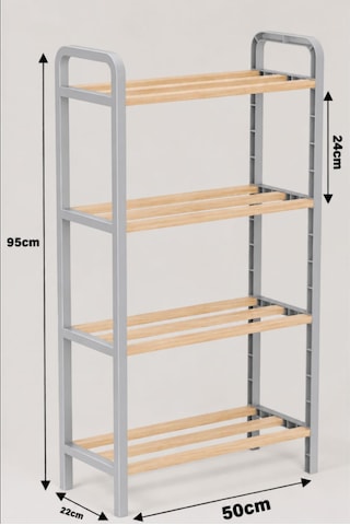 4 Katlı Ahşap Ayakkabılık 50 Cm Ahşap Çubuklu 4 Bölmeli Eko Raf Ünitesi Düzenleyici Açık Gri