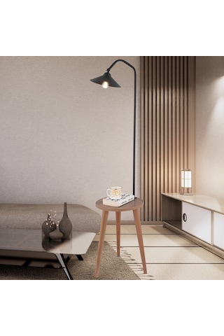 Clifferd Siyah Başlıklı Ahşap Sehpalı Modern Ayaklı Abajur Lamba Ahşap Lambader