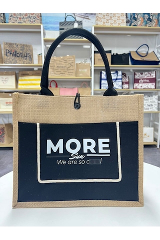 Moresun Organik Jüt Keten Kadın Çanta Orta Boy Tote El Ve Omuz Çantası -tablet & Telefon Cepli, Günlük Plaj Alışveriş Çantası 35x30x14 Cm Bej - Siyah