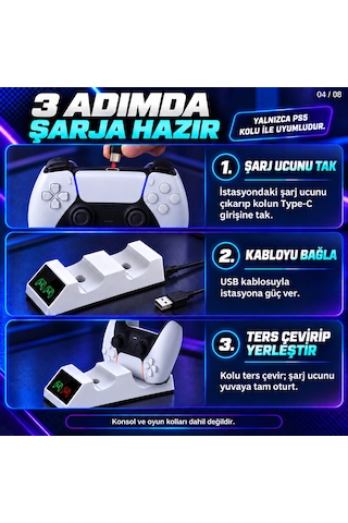 Dexxony Tp5-0508b Ps5 Uyumlu Çift Oyun Kolu Şarj İstasyonu Led Göstergeli Type-c Beyaz