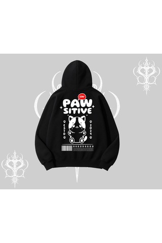 Paw Sitive Kedi Arka Baskılı Kapşonlu Sweatshirt