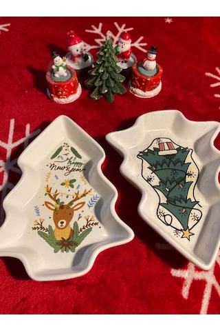 Yılbaşı Temalı 2'li Ağaç Tasarımlı Desenli Seramik Sunum Servis Tabağı 17x12 Cm Geyikli Ve Çam Ağaçlı