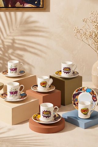 12 Parça 6 Kişilik Porselen Pop Art Kahve Fincan Takımı 100ml Beyaz