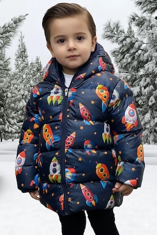 Blayn Jeans Kapüşonlu Desenli Su Geçirmez Çocuk Şişme Mont Lacivert