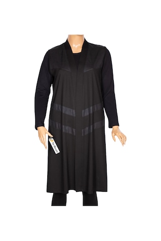 Hesna Kadın Arya Büyük Beden Verev Deri Kombinli Penye Siyah Yelek Siyah