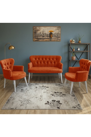 Roma Çay Seti Koltuk Takımı - Babyface Kumaş - Ahşap Ayak - Kiremit