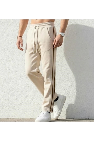 Plus Scorpion Erkek Slim Fit Eşofman Altı Yan Şeritli Pamuklu Bej