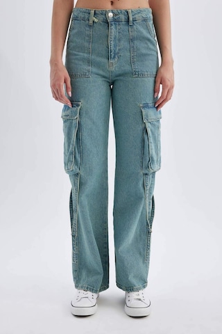 Defacto Wide Leg Kargo Yüksek Bel Uzun Jean Yıkamalı Pantolon D1228AX24HSNM85 İndigo