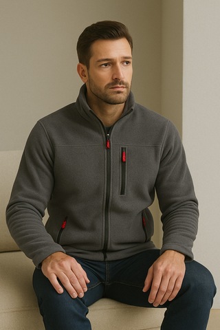 Luxıc Core Erkek Koyu Gri Fermuarlı Polar Dik Yaka, Cepli, Günlük & Outdoor Kullanım