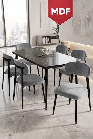 Runes Serisi Mdf Sabit 80x130 Siyah Mermer Desen Mutfak Masası Takımı 6 Sandalye Siyah Mermer Masa Gri Sandalye