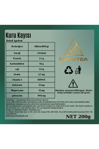 Natutea Sarı Kuru Kayısı 200 G Kuru Meyve 200 G