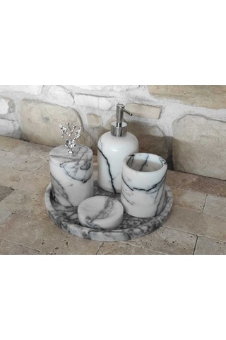 Mermer Mor Leylak Gümüş Rengi Aksesuarlı 5,li Banyo Seti Beyaz
