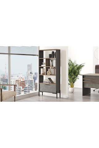 Robinhome Robin Home Berlin D Ofis Kitaplık Metal Ayaklı Kahve-Beton-Antras