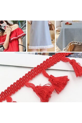 25 Metre 4.5 Cm Pamuk İplik Süpürge Dantel Kurdele Püskül Etnik Craft Dıy Perde Ev Dekoratif Giysi Dikiş Aksesuarları Kırmızı