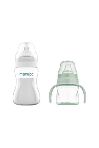 Mamajoo Antikolik Biberon 250 ml & Antikolik Akıtmaz Alıştırma Bardağı 160 ml – Powder Green