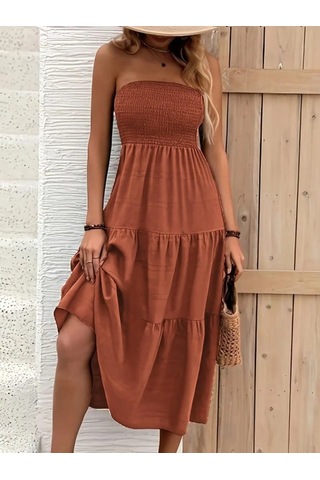 Kadın Straplez Göğüsten Lastikli Kloş Aerobin Uzun Elbise Turuncu
