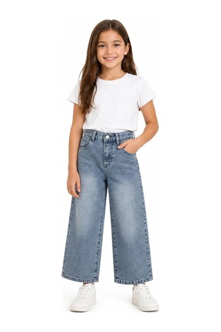 İrem Kız Çocuk Cep Etrafı Taş Detaylı Geniş Paça Model Fermuar Kapamalı Likrasız Mavi Renk Kot Pantolon