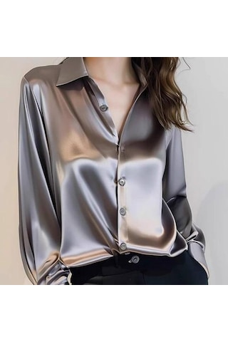 Kadın Gömlek Düz Renk Pürüzsüz Saten Uzun Kollu Yaka Rahat Üstler Tek Göğüslü Fransız Tarzı Ofis Gömlek Gri