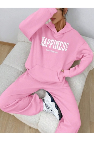 Happiness Eşofman Takımı Sweatshirt Jogger - Pembe Baskılı Oversize Şardonlu Kapüşonlu Pembe