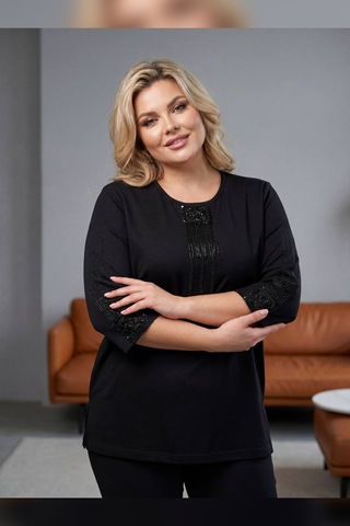 Hermevsim Wearon Kadın Tiana Kapri Kol Nakışlı Taşlı Penye Siyah Bluz