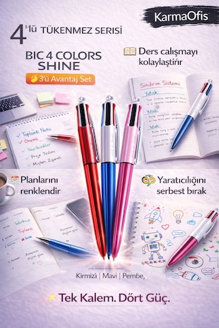 4 Colors Shine 3'lü Set-2 Tükenmez Kalem 4 Renkli Kalem Mavi, Siyah, Kırmızı, Yeşil Cok Renkli2