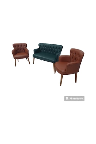 Garden House Haki Yeşil Tarçın Taba Kahve Renk Deri Ahşap Ayaklı Kollu Ofis Koltuk Takımı Bekleme Büro Yeşil Taba Taba - Yeşil