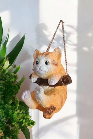 1 Adet Dekoratif Sallanan Duvar Ve Bahçe Süsü Kedi Sarı-beyaz