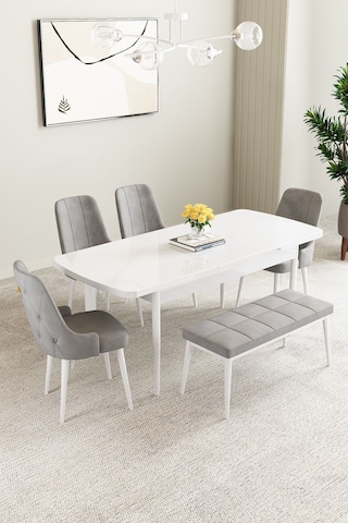 Clara Beyaz 80x132 Açılabilir Mdf Masa Yemek Odası Takımı,mutfak Takımı 4 Sandalye 1 Bench Gri