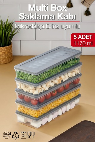 Multi Box 5 Li Set Saklama Kabı Seti - Dondurucu & Mikrodalga Uyumlu Gri