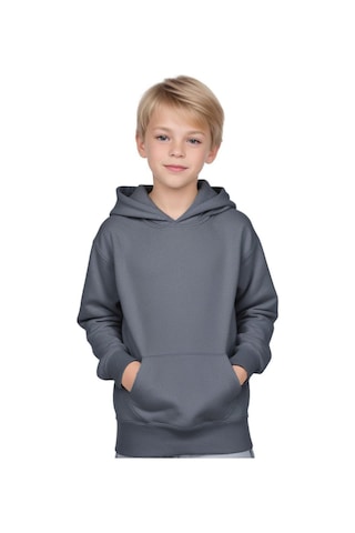 Fyk Kids Kapüşonlu Kanguru Cepli Düz Baskısız Erkek Çocuk Eşofman Takımı Füme
