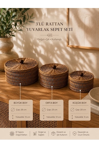 Morponi 3'lü Set Kapaklı Hasır Saklama Kutusu Yuvarlak Rattan Düzenleyici Sepet Mn-1715-s Sarı