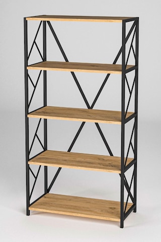 Morpanya Armarse Dekoratif 5 Raf Ahşap Kitaplık Metal Kitaplık Raf Dosya Kitap Rafı Salon Rafı Çam