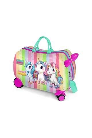 Coral High Otur-çek Kız Çocuk Valizi - Yeşil Pembe Unicorn Çok Renkli
