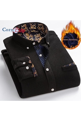Cosy Up Fitilli Kadife Sıcak Erkek Polar Gömlek Kış İçin Sıcak Gömlek Siyah