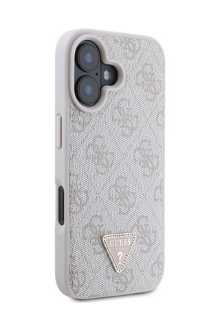 Apple Uyumlu iPhone 16 Kılıf Guess Lisanslı Pu Deri Taşlı Üçgen Logo 4g Desenli Strass Kapak Pembe
