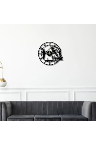 Metal Duvar Saati Gone Fishing Vinil Balıkçı Detaylı Dekoratif Saat Siyah-58 X 58