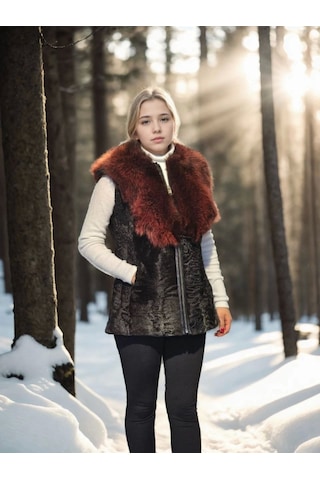Kadın Kolsuz Hakiki Kürk - Siyah Bordo