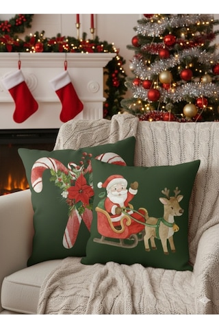 Çift Taraflı Dijital Baskı Fermuarlı Noel Baba Geyiği 2'li Yastık Kılıfı, Kırlent Kılıfı 43x43 Cm Çok Renkli