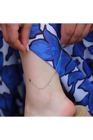 Mini Turkuaz Taşlı Figürlü Rose Gold Kaplama Gümüş Halhal Gümüş