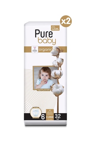 Pure Baby Organik Pamuklu Cırtlı Bez 2'li Paket 6 Numara Xlarge 64 Adet 2'li