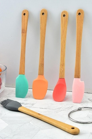 Thentech 5'li Silikon Servis Spatulası Yumurta Sürme Fırçası Silikon Kaşık Tahta Saplı Hijyenik Set Kahverengi