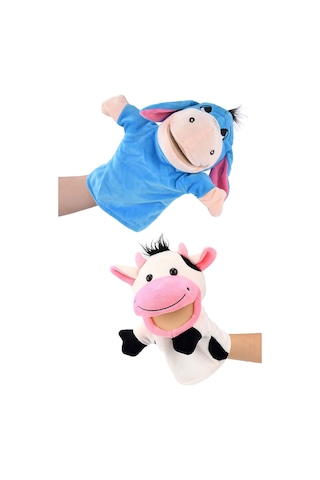 2 Li Eşek Ve İnek Peluş El Kuklası Seti Ağzı Hareket Eden Eğitici Kuklalar Çok Renkli