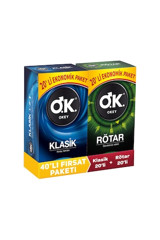 Okey Klasik Prezervatif + Okey Rötar Prezervatif  2 x 20'li