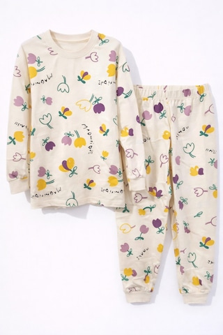 Lale Desenli Kız Çocuk Pijama Takımı Beyaz